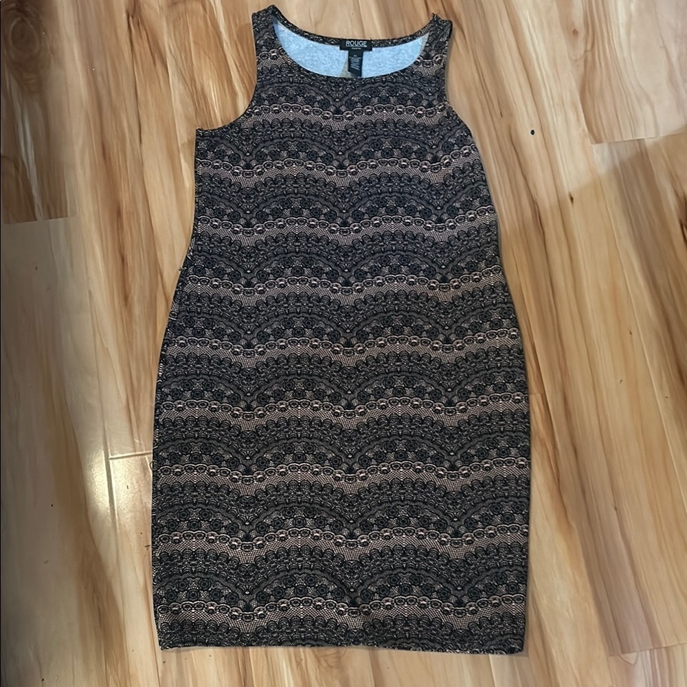 Rouge! Black Tan Halter Sheath Midi Dress
